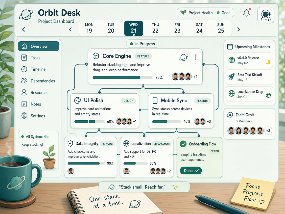 Illustrated Project Stack Week Grid with Task Cards and Focus Slots