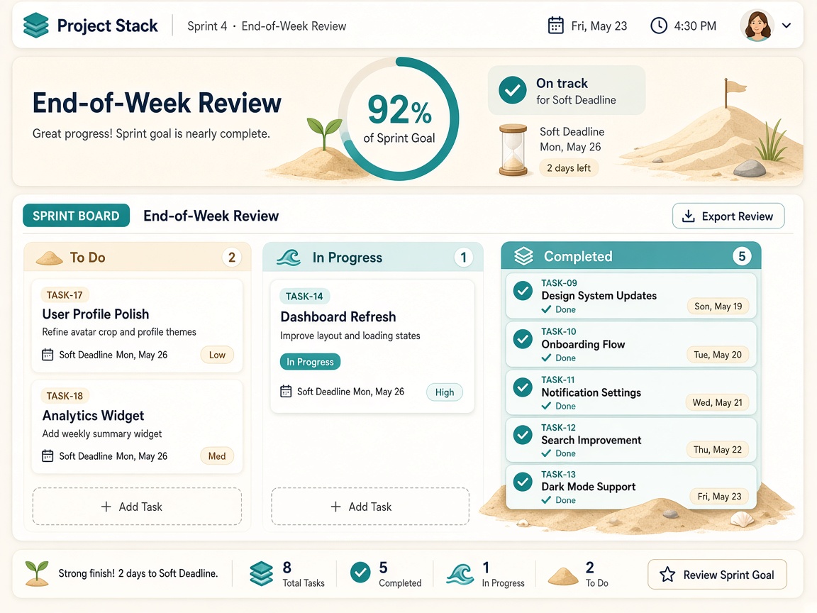 Sprint Board end-of-week review with progress ring
