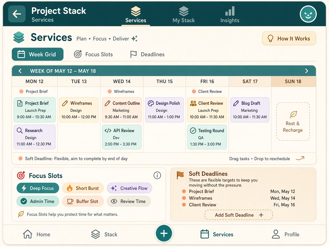 Project Stack Week Grid with Task Cards and Focus Slot chips