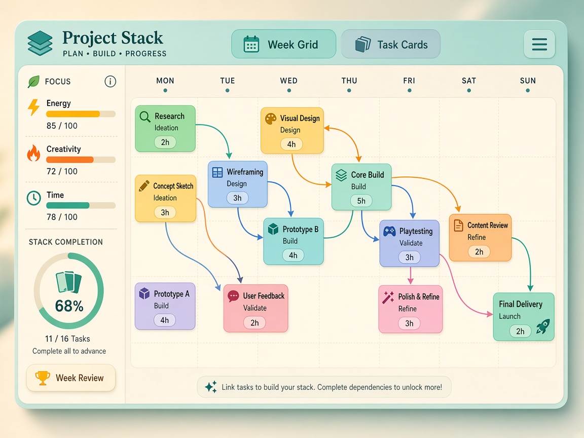 Project Stack Week Grid with linked Task Cards and Focus meter