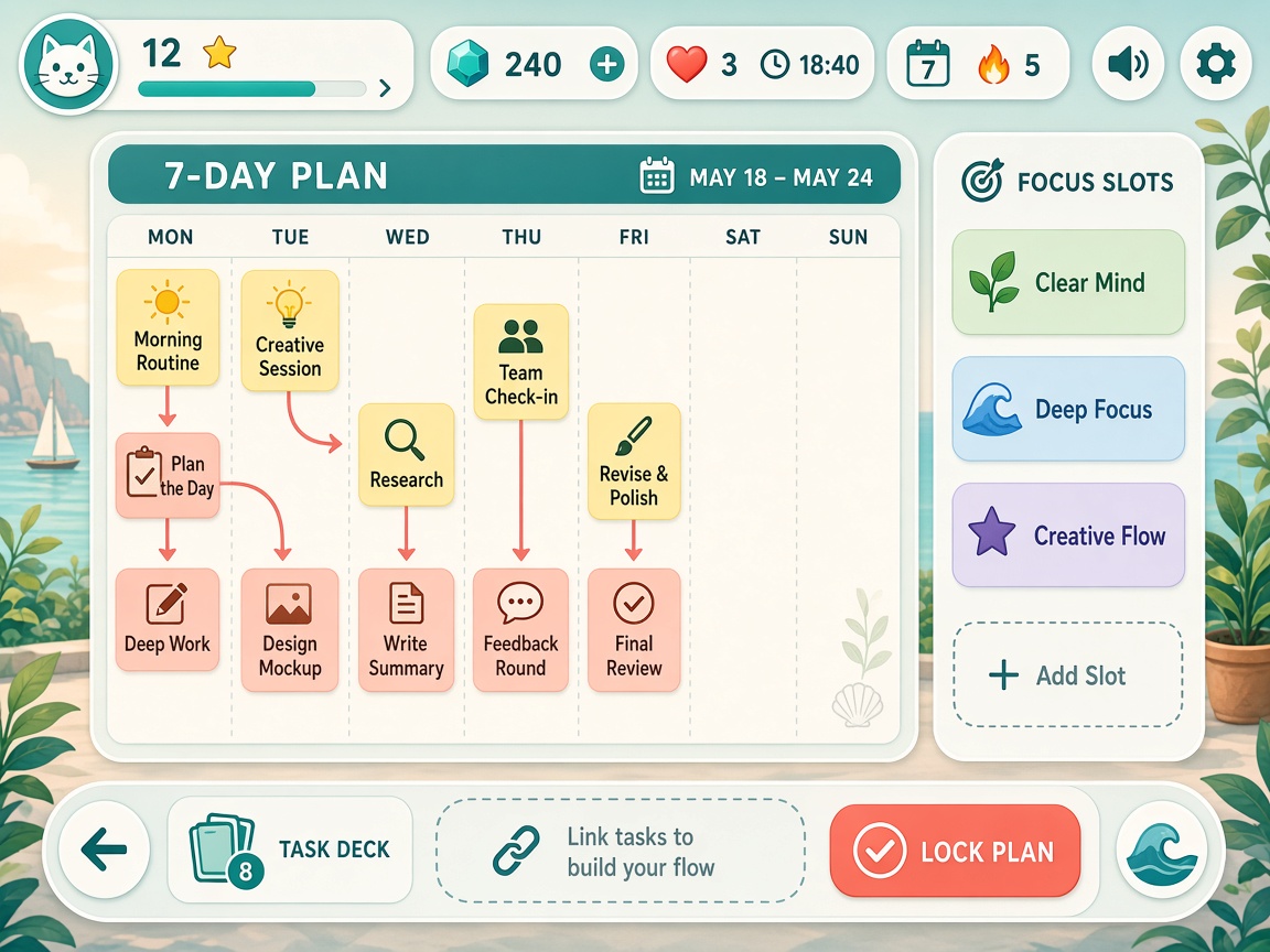 Project Stack player arranging linked Task Cards on a calendar board